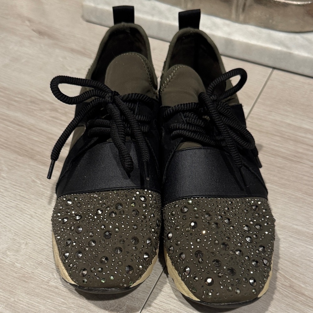 Elegant Black and Olive Crystal Women's Sneakers